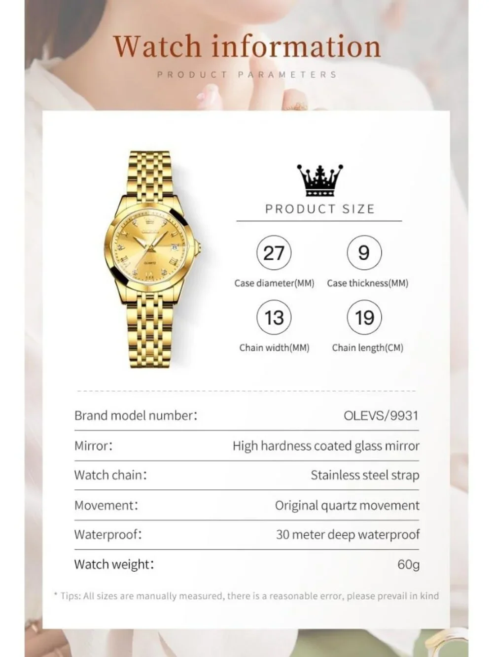 Women's Black Gold Diamond Analog Stainless Steel Waterproof Date Wrist Watch